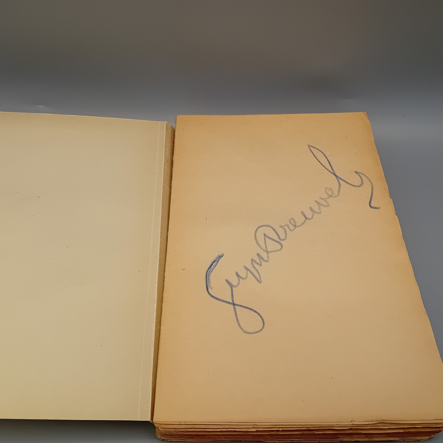 Oud boek (Le Declin du waterhoek) met signatuur van Stijn Streuvels